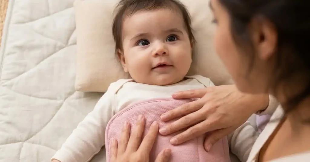Mãe colocando bolsa de agua morna no bebe para aliviar colica
