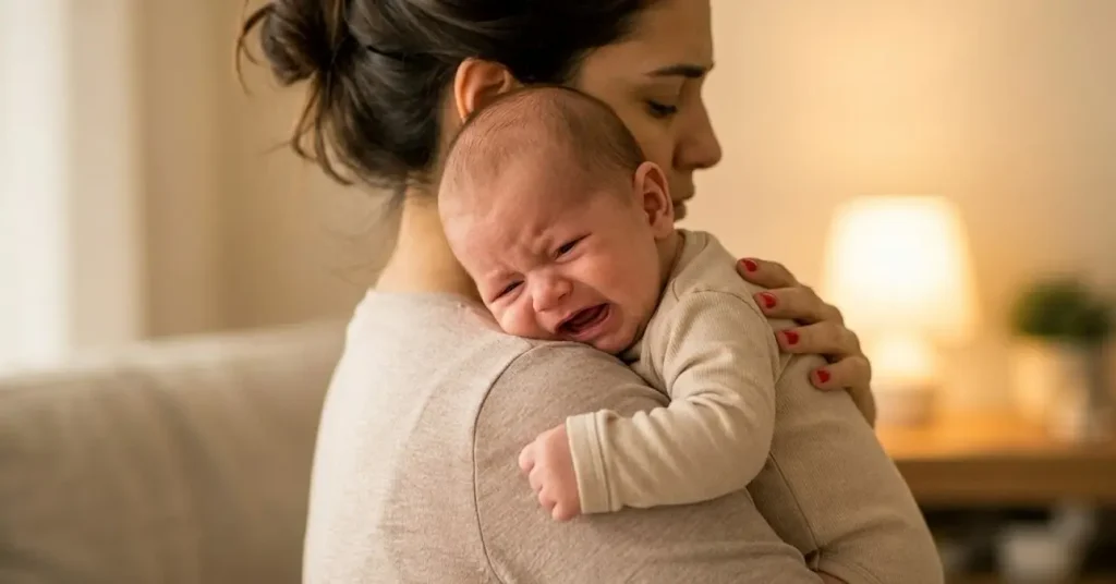 Mão com bebê no colo, como saber se o bebe esta com colica