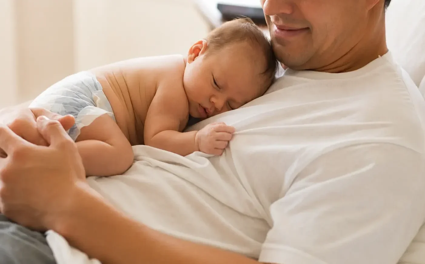 Pai segurando o bebê no colo enquanto dorme nos primeiros meses de vida
