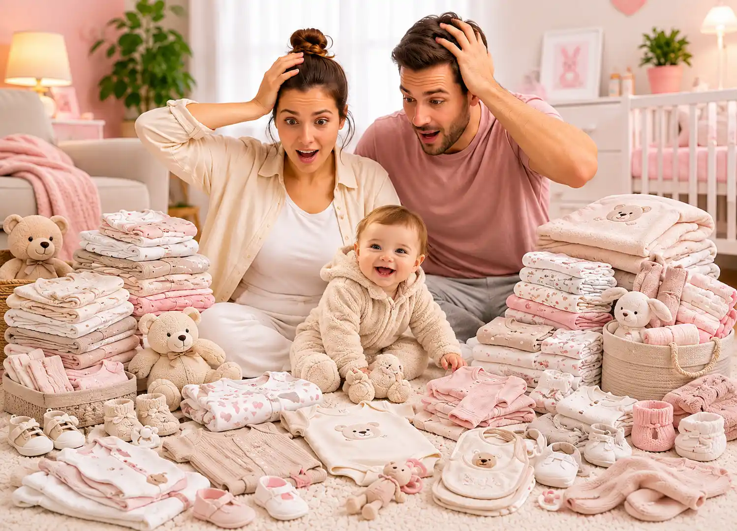 Casal com as mãos na cabeça cerdados por roupas de bebê quantas roupas de bebê comprar