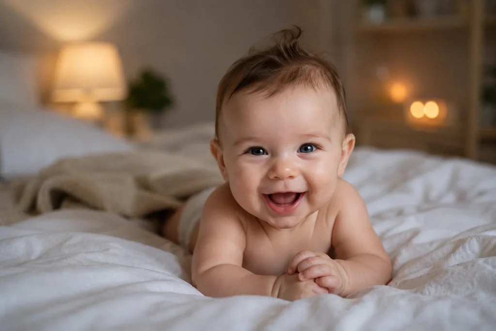 Bebê acordado na cama sorrindo Regressão do Sono aos 4 Meses