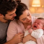 Casal com bebê chorando