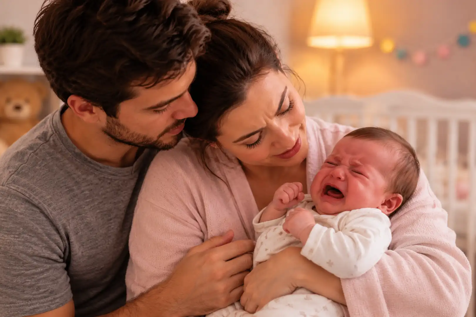 Casal com bebê chorando