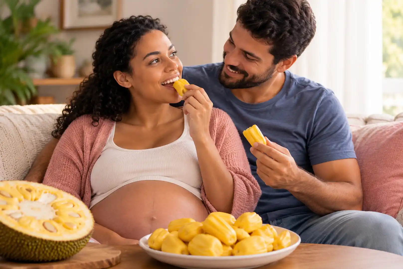 Imagem destacada Mulher gestante comendo jaca sorrindo para seu marido