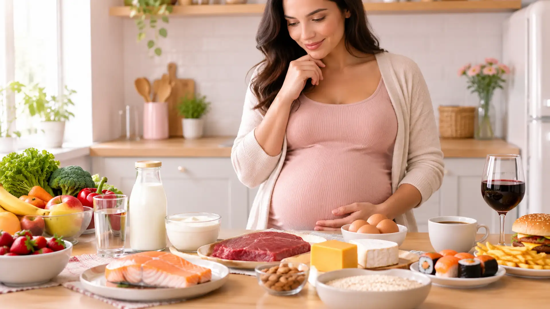 Mulher grávida em frente a uma mesa com diversos alimentos