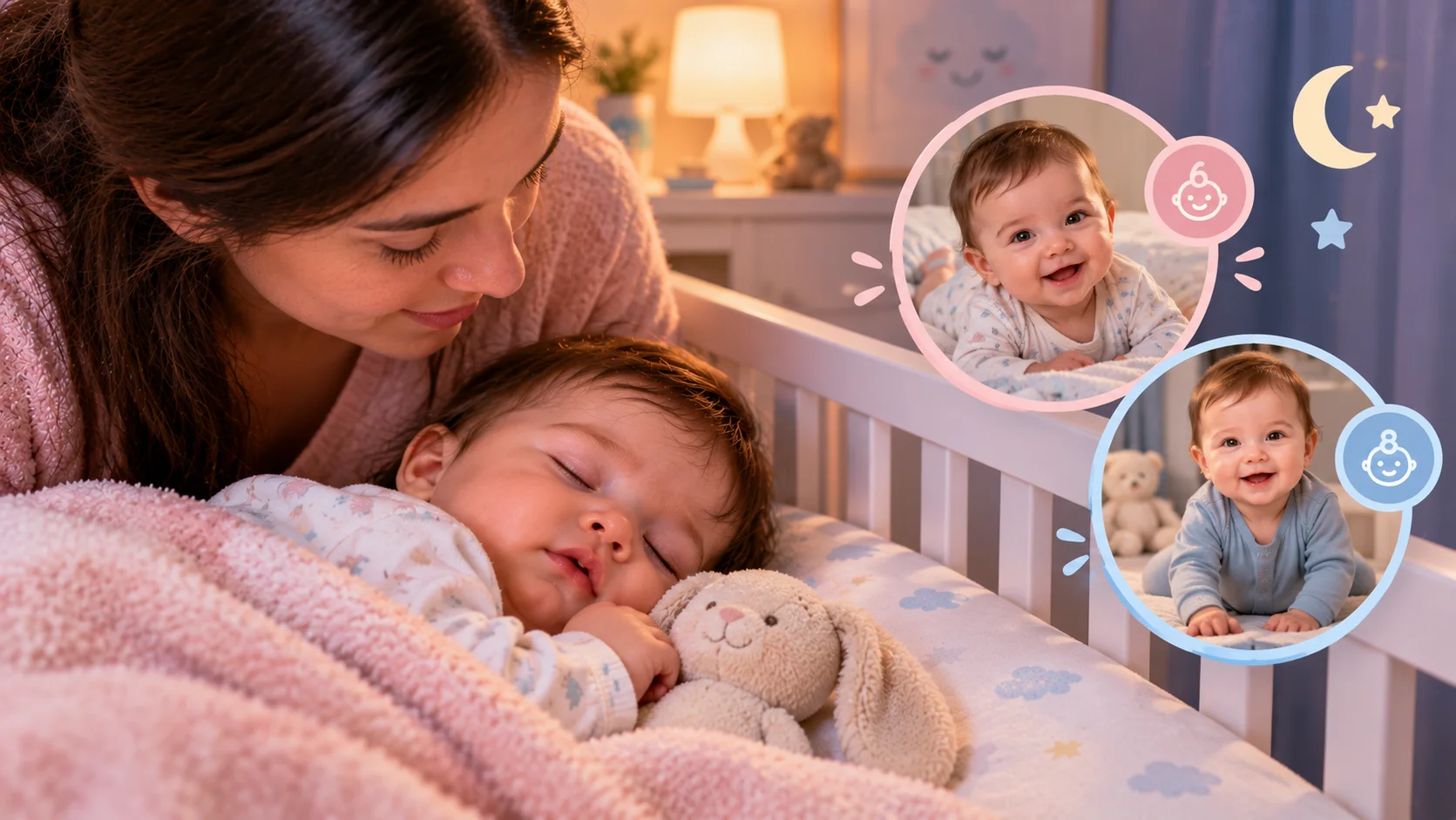 Mãe acordada olhando bebê deitado