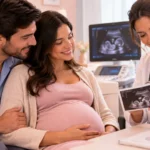 Gestante acompanhada pelo parceiro durante consulta de pré-natal com médica obstetra e exame de ultrassonografia.
