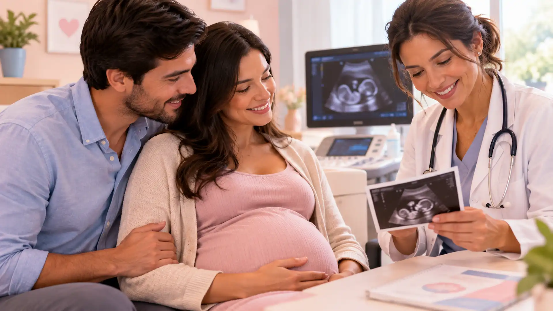 Gestante acompanhada pelo parceiro durante consulta de pré-natal com médica obstetra e exame de ultrassonografia.